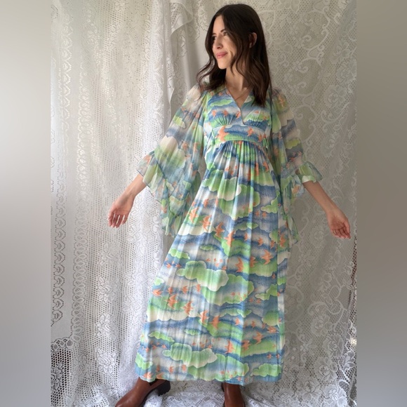 Vintage 70s Bird Print Cloudscape Maxi Dress Boho Flutter Sleeve Empire Waist - Picture 7 of 17